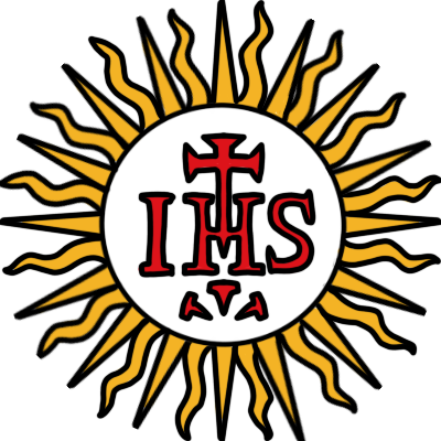 the emblem of the Society of Jesus (Jesuit order), drawn with a thin black outline. It is a disc of sun rays with three red nails and the red text 'IHS' combined with a cross inside the disk.